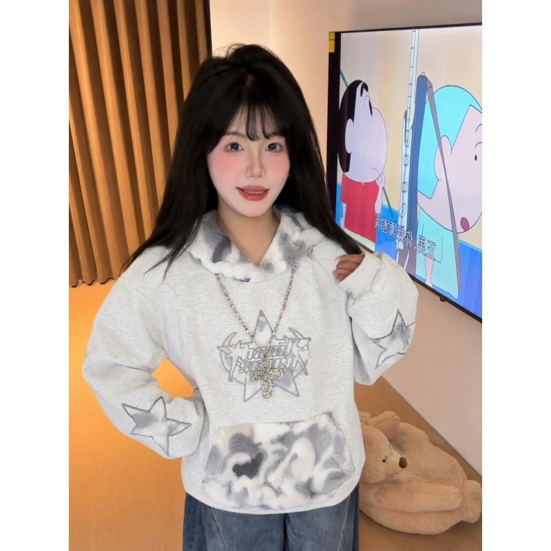 American Retro Plush Star Patch Embroidery Hoodie Couple Streetwear Casual Loose Fit Teens