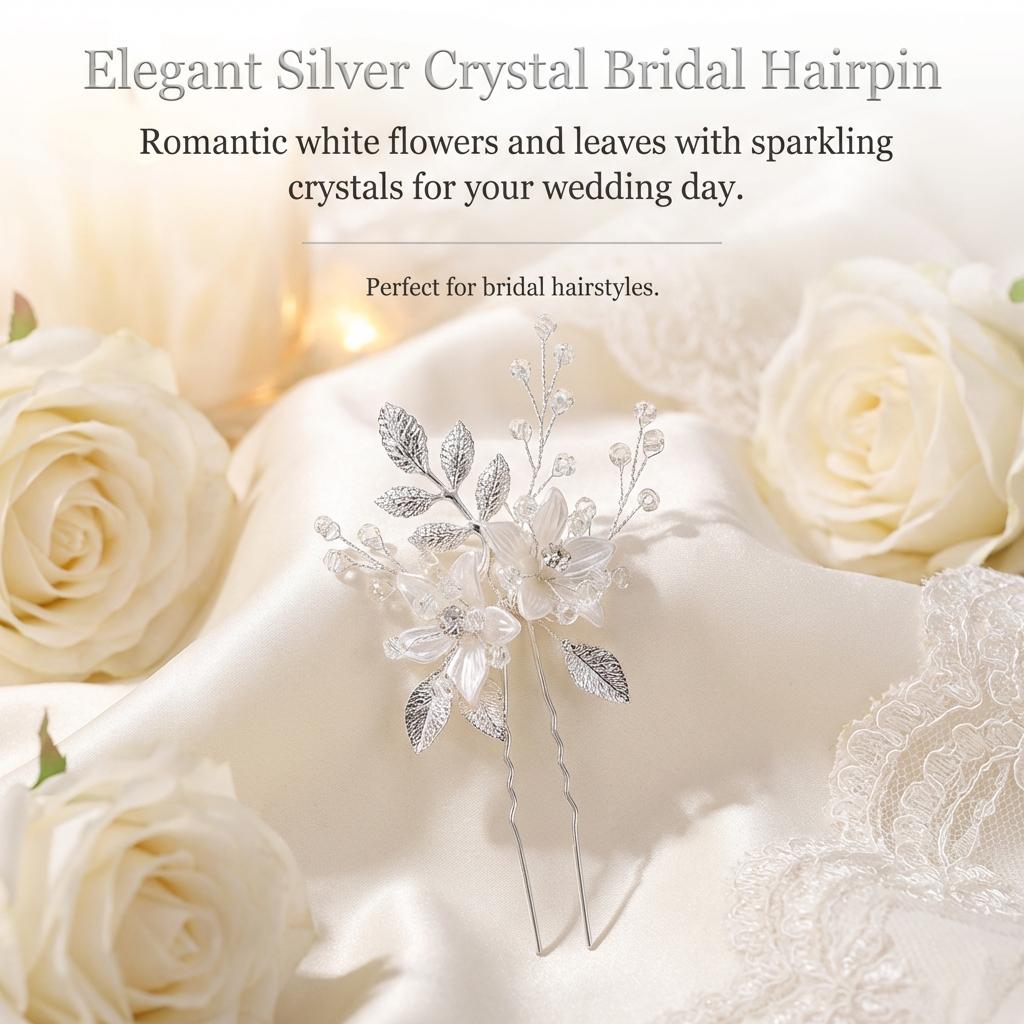 Bridal Wedding Hairpin White Flower Leaf Design Crystal U Pin For Elegant Hairstyles