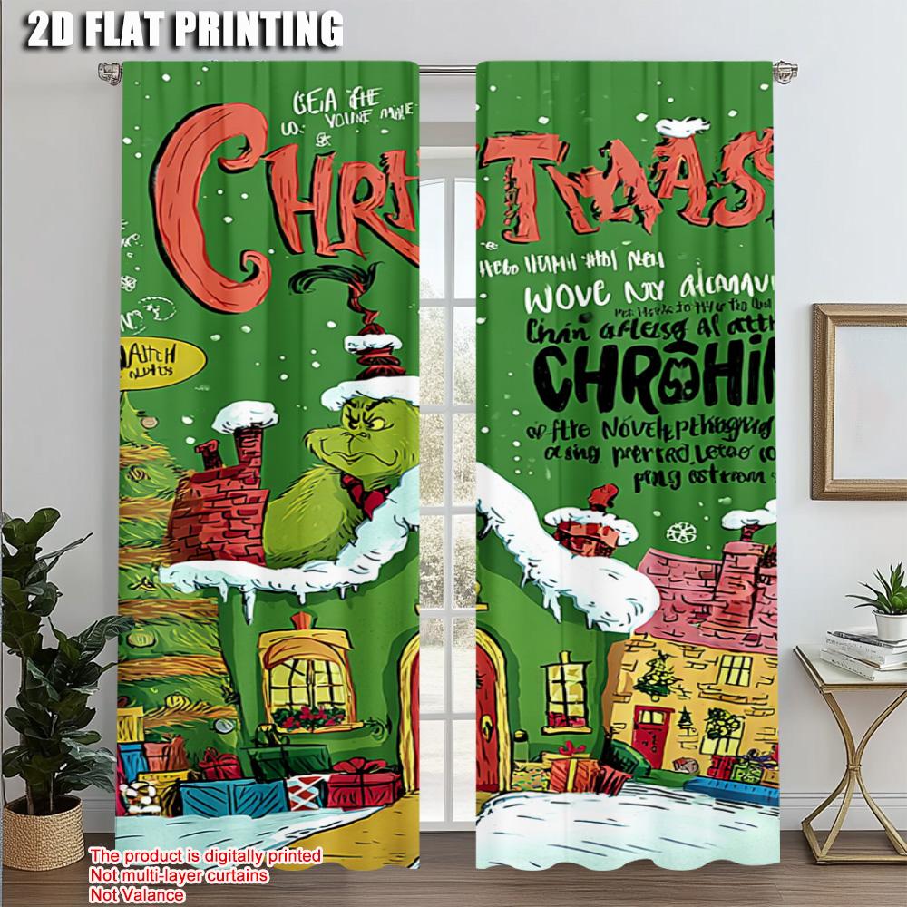 2pcs,2D plane printing Popular Curtains Merry Christmas Snowflakes & Whimsical House Versatile Polyester Fabric (without rod)