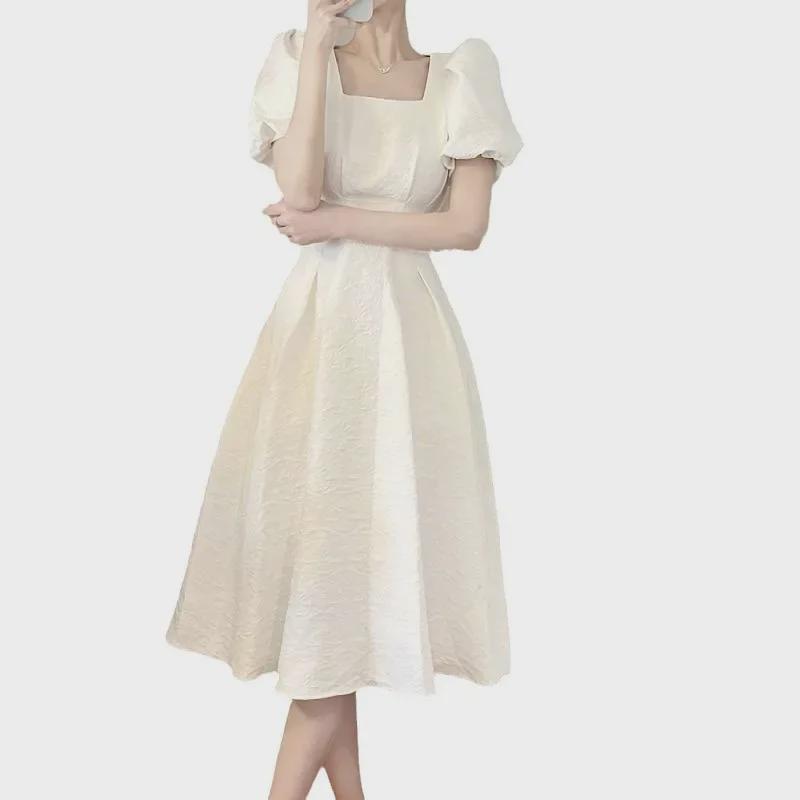Лето 2026 Французская Первая Любовь Женская Узкая Талия Длинная Юбка - Свежее, Элегантное, Короткий Рукав Японское Платье