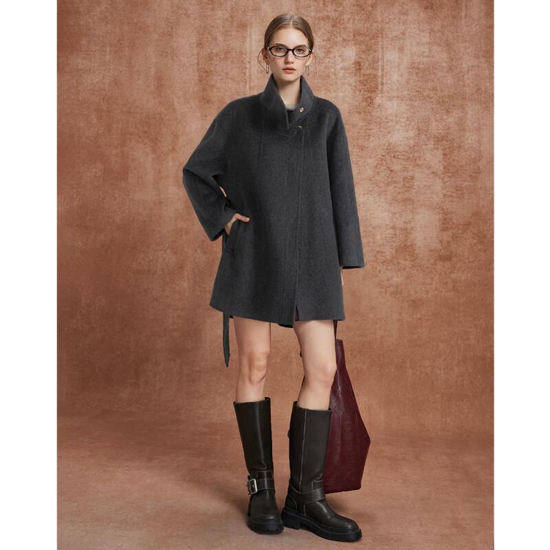Wudao 100% Merino Wool Minimalist Stand Collar Belted Coat