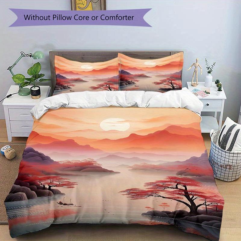 3pcs Chinese style Landscape 1Cover + 2Pillowcases, PillowInserts NotIncluded, Machine Washable, All - Season Use, Suitable for Bedroom Guest Room43