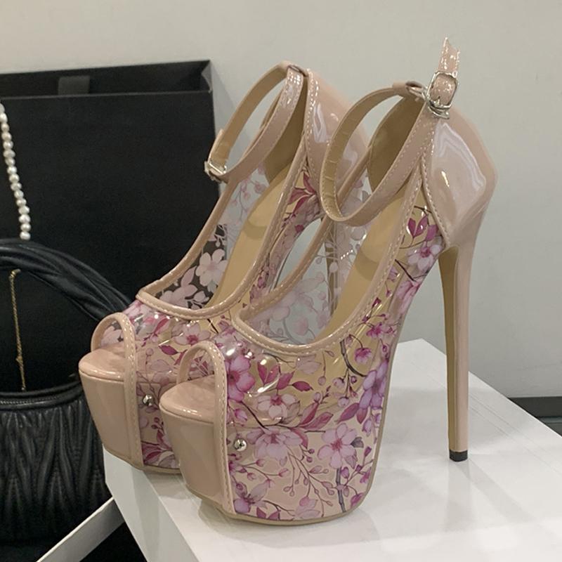 Мода Liyke Модный дизайн Розовые цветы ПВХ Прозрачные Женские Туфли-платформы Сексуальный Открытый носок 16 см Супервысокий каблук Свадебные Банкетные Туфли