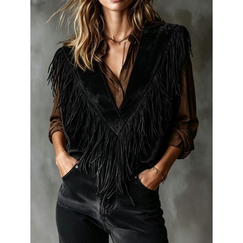 Women Vintage Suede Fringe V Neck Sleeveless Casual Vest