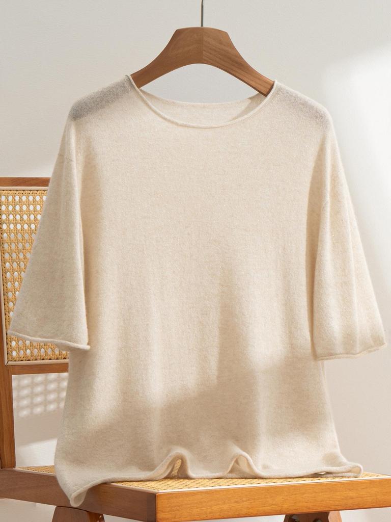 Women's 100% Pure Cashmere Short Sleeve Round Neck Sweater - Rolled Hem Knitwear, Early Autumn Versatile Pullover