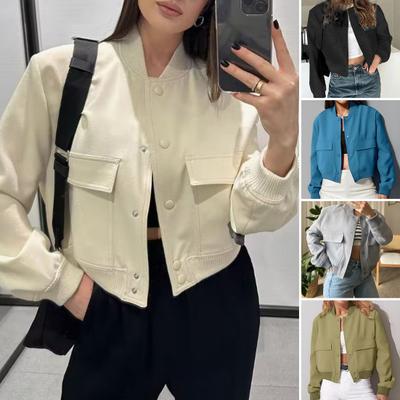 Женские укороченные куртки со стойкой воротником, куртка-рубашка в стиле varsity, повседневное пальто на пуговицах с длинным рукавом, верхняя одежда для весны и осени