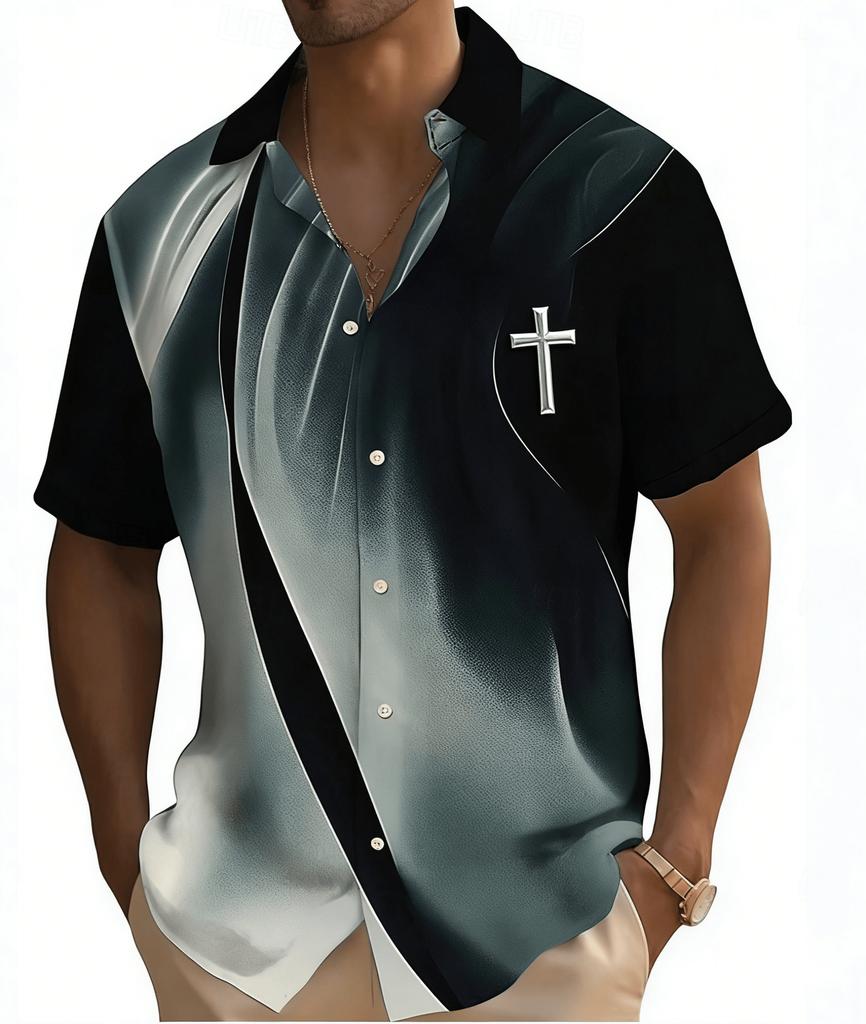 Men's Gradient Cross Print Short Sleeve Shirt, Spring Summer Religious Casual Blouse, Loose Casual Top