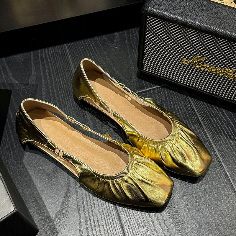 Нишевые женские туфли с мелким вырезом, женские новые плиссированные туфли с квадратным носком, женская летняя универсальная обувь на плоской подошве, туфли бабушкины женщины