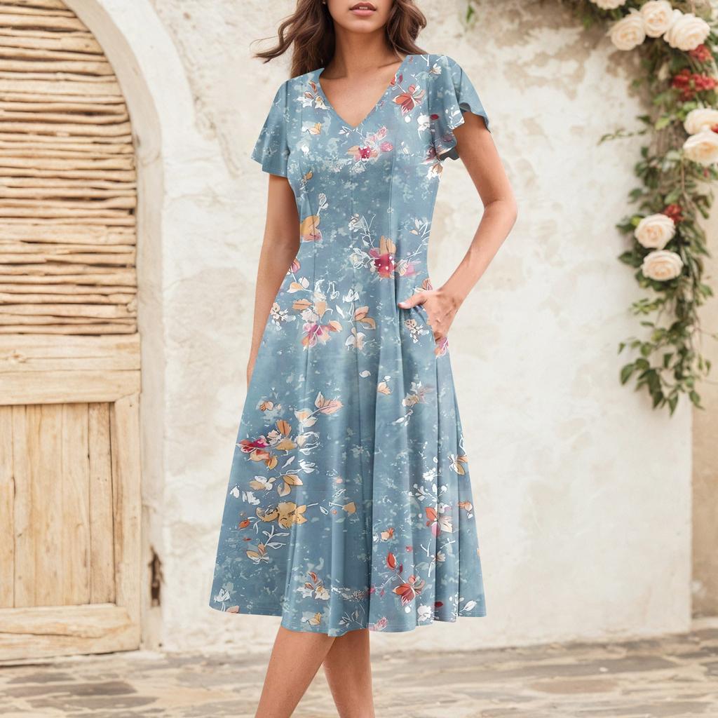 Женское летнее модное элегантное платье миди в стиле ретро с V-образным вырезом и оборками на рукавах