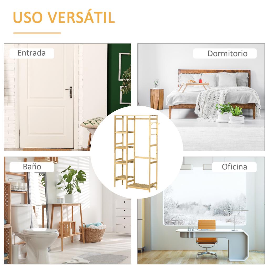 Bamboo Freestanding Clothes Rack with 4-Tier Shelving, Bottom Shelf, 90x30x155cm, Natural