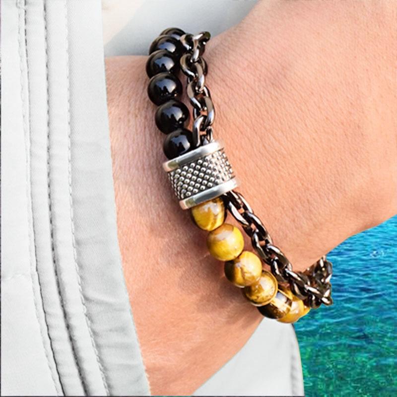 New Black White Stone Men's Bracelets Double Chain Link Stainless Steel Beaded Bracelets Bangle Male Jewelry