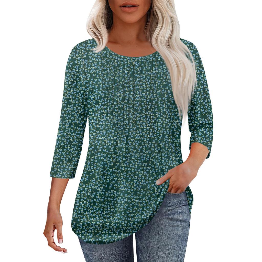 Women's Fashionable Casual Pleated Round Neck Casual Floral Print Seven Quarter Sleeved T-shirt Top