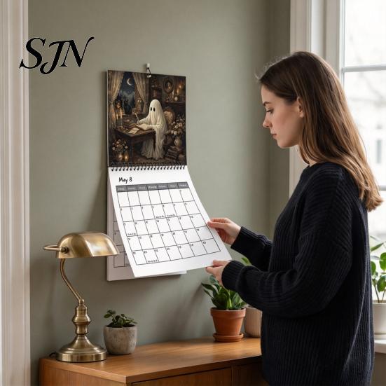 Retro Ghost Wall Calendar 2027, Illustration Monthly Planner with Sturdy Coil Daily Task Scheduling Tool Binding And Thick Matte Paper for Decoration