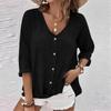 Women's Fashion Casual Solid Color V-Neck Live Button Seven Sleeve T-Shirt Top