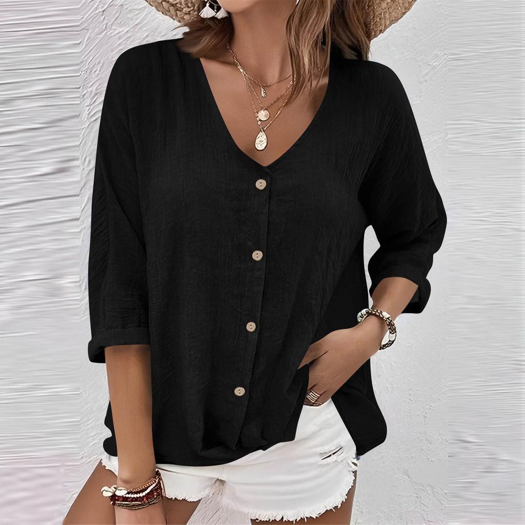 Women's Fashion Casual Solid Color V-Neck Live Button Seven Sleeve T-Shirt Top