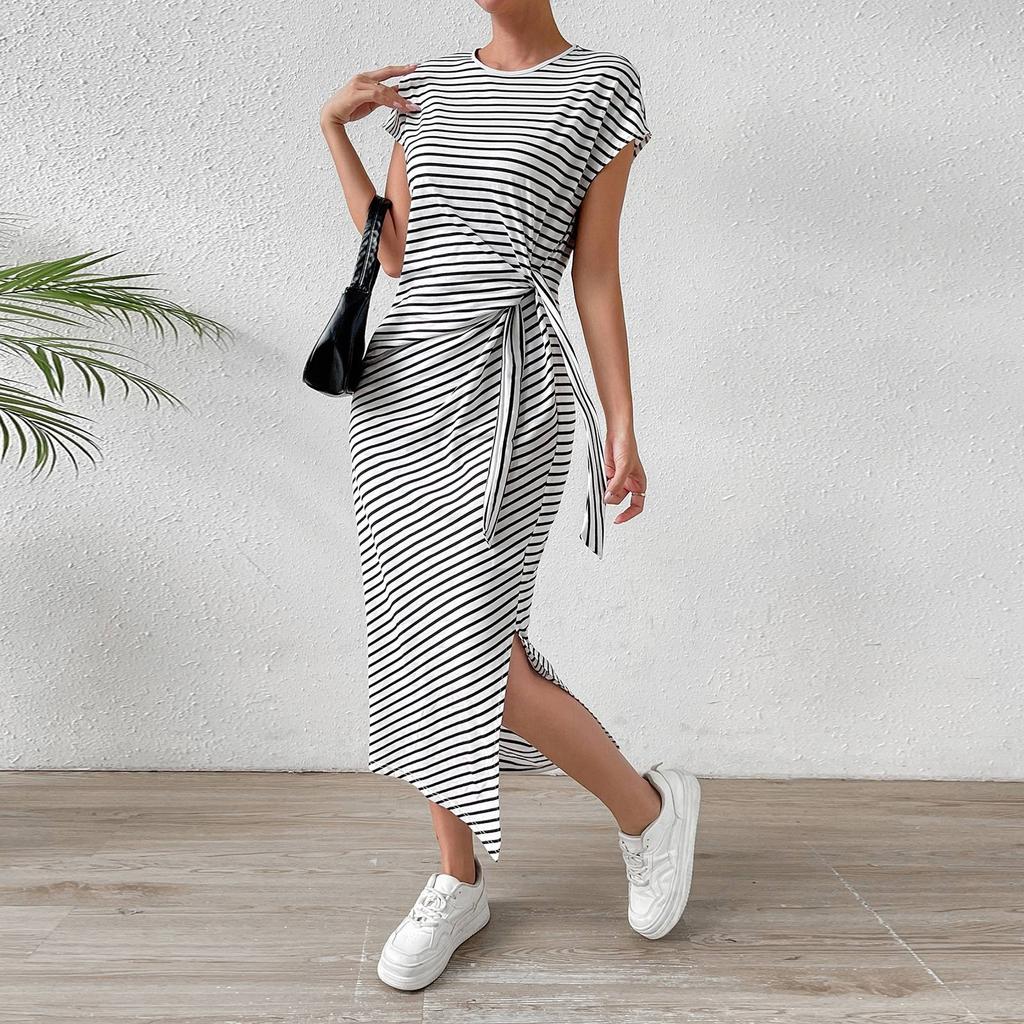 Женское модное платье с круглым вырезом в полоску, короткими рукавами, облегающим кроем и разрезом для похудения