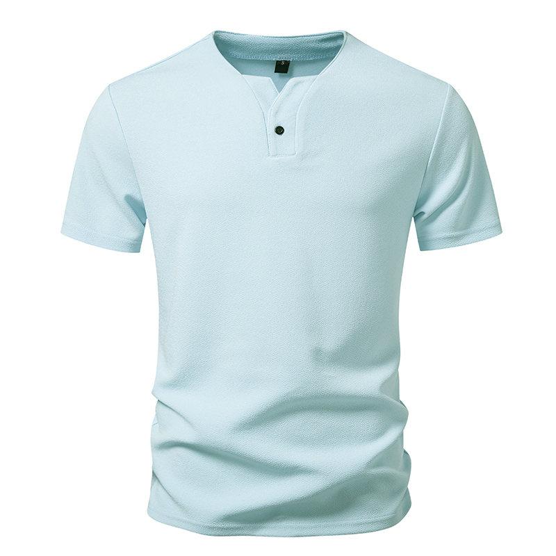 Men's Summer Solid Color Hip Hop V Neck T-Shirt Casual Henry Button Short Sleeve Fashion Streetwear Basic Top Tees