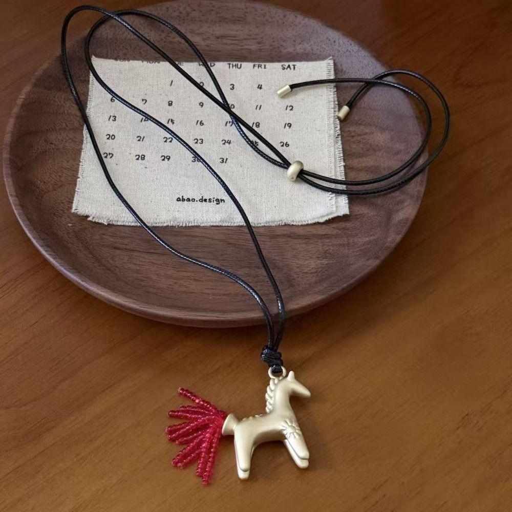 Long Wax Rope Necklace Horse PU Leather Necklace Unique Pony Pendant Necklace  Women