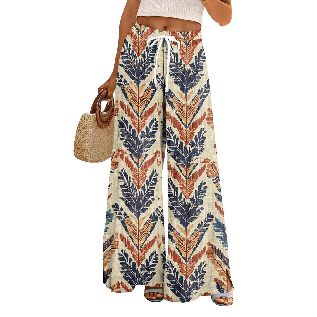 Women's Loose Casual Floral Print Wide Leg Pants With Elastic Waist Drawstring And Pocket Pants