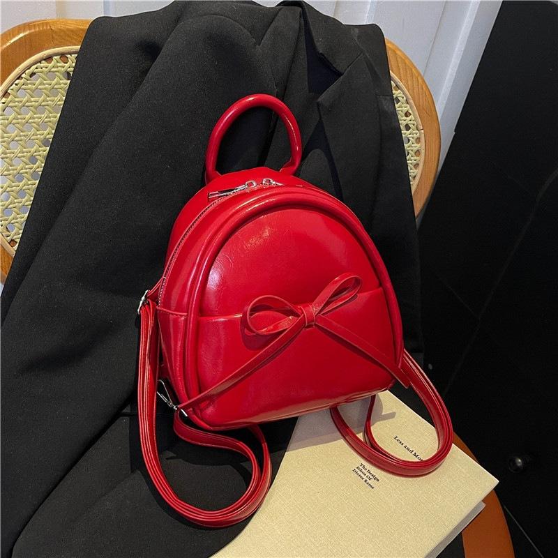 Cute Bow Solid Zipper Pu Backpack Women'S Simple Waterproof Bag Large Capacity Travel Backpack Girly Student School Bags