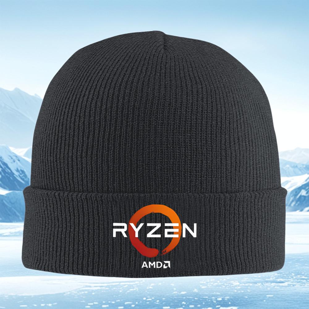 Логотип RYZEN оранжевый круг черный фон AMD Мужская Женская Унисекс Вязаная Шапка Бини Шапка-колпак Зимняя Теплая Рождественский Наряд