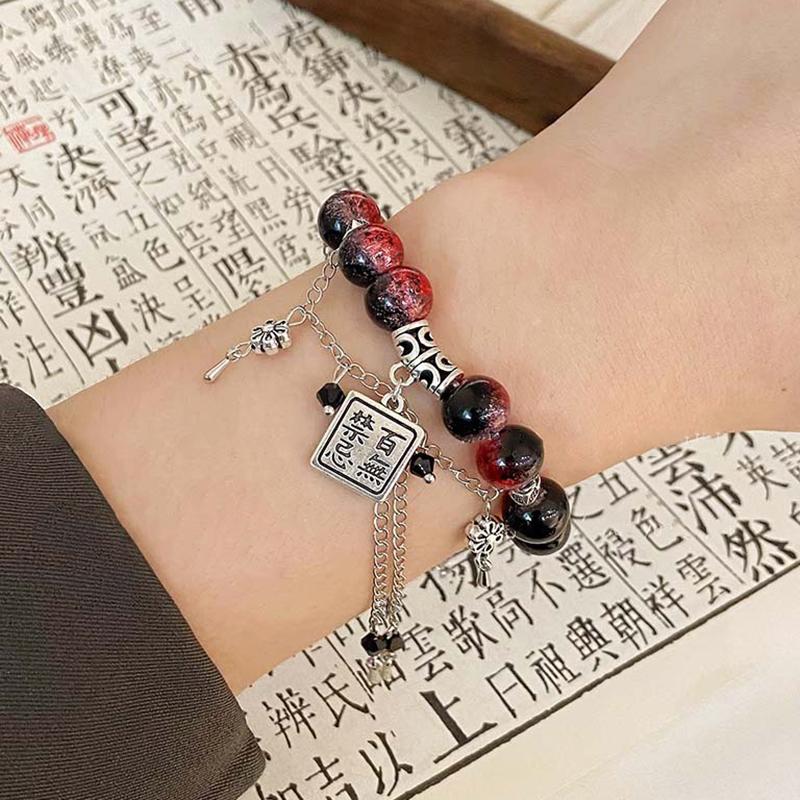 Chinese Style Red Beaded Bracelet for Women Blessing Butterfly Tassels Chain Pendant Bracelets Dark Gothic Jewelry Accessories