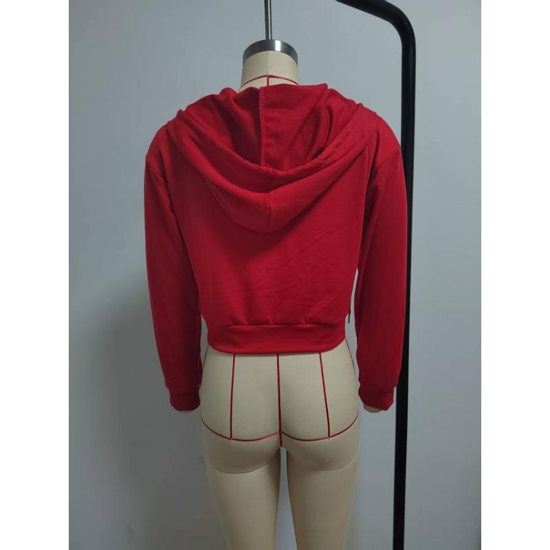Women Casual Hooded Zip Up Cropped Solid Slim Fit Long Sleeve Sweatshirt