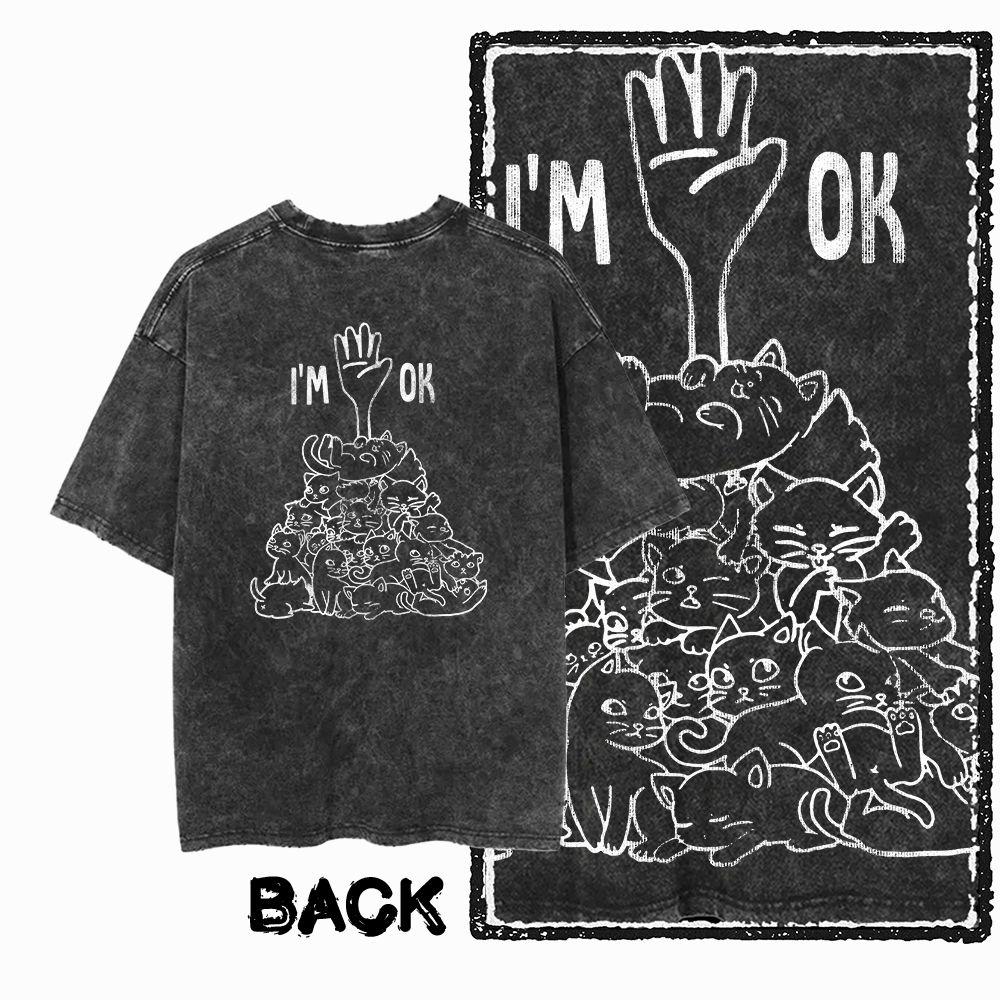 G Back Print Acid Washed Cotton oneck Cat Graphic Unisex Tshirt   Streetwear Big Size Cool Vintage Unisexs Tee Tshirt