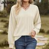 Women's Fashion Casual Summer Spring Solid Color Print Long Sleeve V-Neck Loose Blouses & Shirts