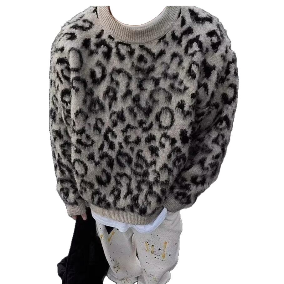 Мужской ретро-свитер с леопардовым принтом - Высококачественный вязаный свитер в стиле колор-блок