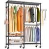 AZAKBL Heavy-Duty Clothes Rack, 2-Tier, Large Capacity, with Casters, Closet/Wardrobe Storage, Rust-Resistant, Easy Assembly, Adjustable Height, Space