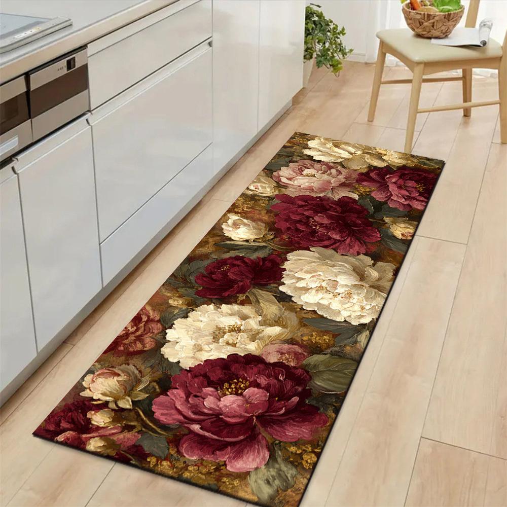 Vintage Oil Painting Burgundy White Peony Runner Rug,Non-Slip Washable Mat for Bedroom,Hallway & Elegant Retro Floral Home Decor