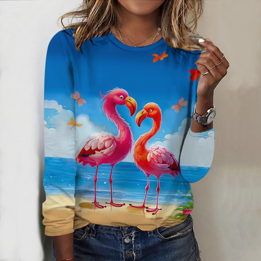 Tops For Women Q-version Flamingo Print Round Neck Long Sleeve T-shirt Fall Casual Slim Pullover Women's Long Sleeve Top