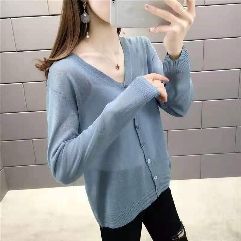 Весенне-летняя верхняя одежда с длинным рукавом, тонкий свободный солнцезащитный топ, модный зарубежный стиль, однотонный простой трикотажный свитер из ледяного шелка для женщин