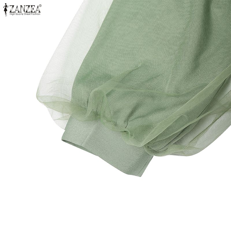 ZANZEA Женское повседневное платье с круглым вырезом, длинными рукавами, свободного кроя, с сетчатой вставкой в стиле пэчворк