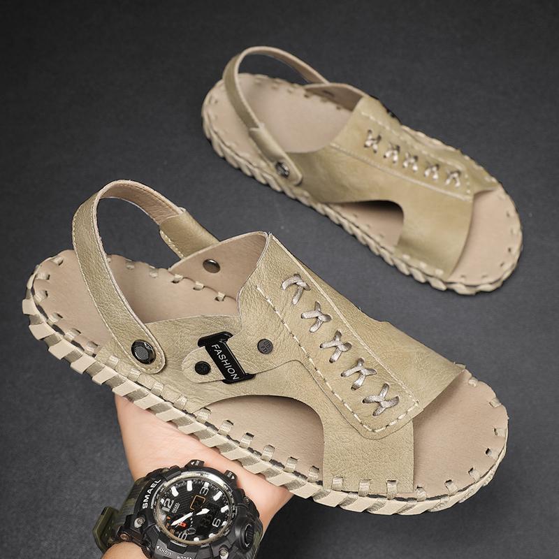Fashion Classic Outdoor Men Sandals Handmade Leather Summer Flats Casual Lightweight Man Beach Shoes Quick Dry Wading Aqua Shoes Sandals