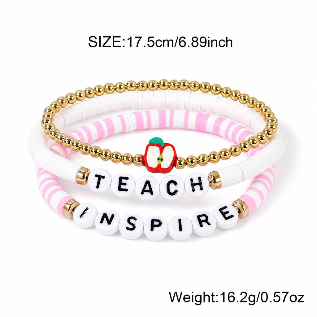 Go2boho Beaded Bracelet Set with Teach Inspire Letter Beads, Apple Charm, 18K Gold Plated Brass, Cute Gift Jewelry