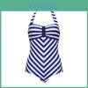 Elegant Plus Size Racy Black Halter Low Cut Beachsuit For Striped Swimwear Women