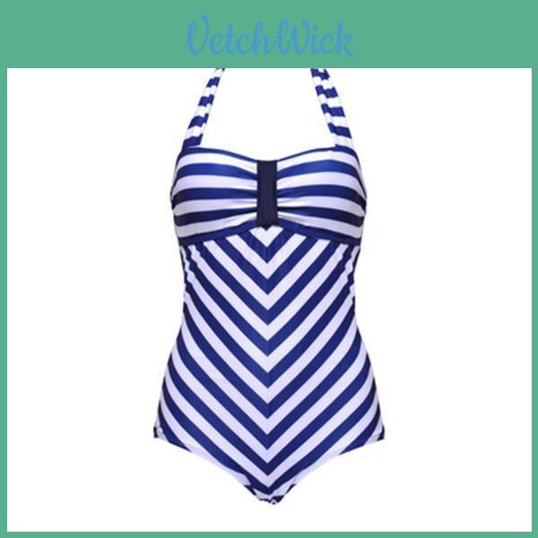 Elegant Plus Size Racy Black Halter Low Cut Beachsuit For Striped Swimwear Women