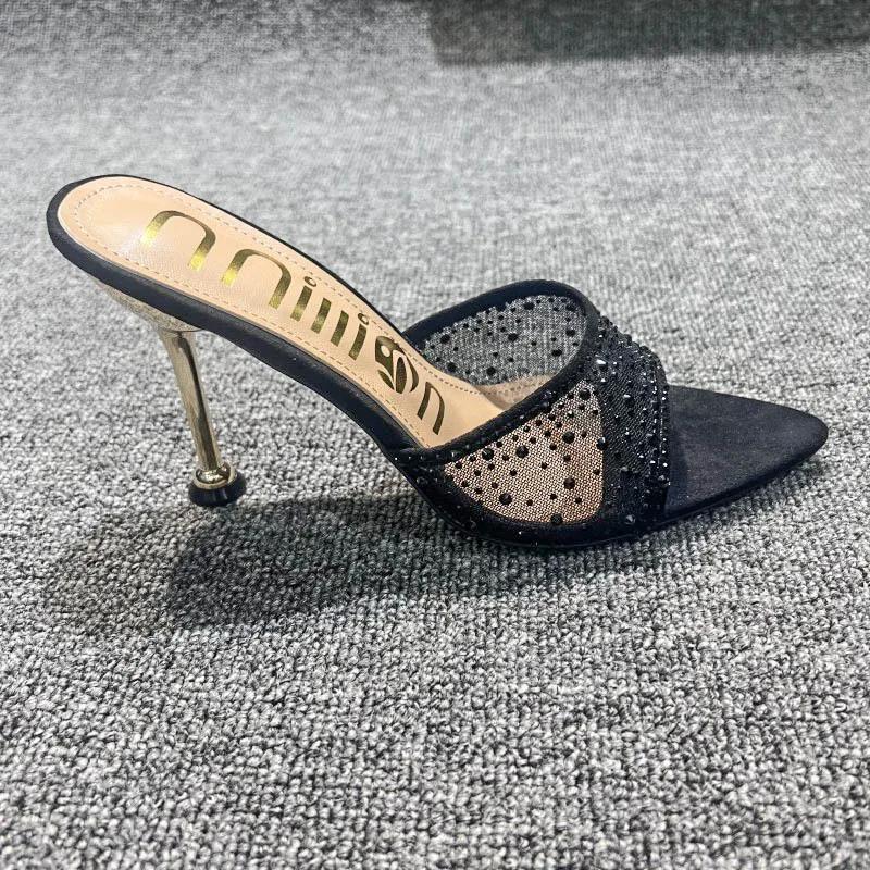 Летние женские тапочки, сексуальные, с острым носком, со стразами, сетка, женские туфли на высоком каблуке, женские туфли для вечеринки, свадьбы, невесты