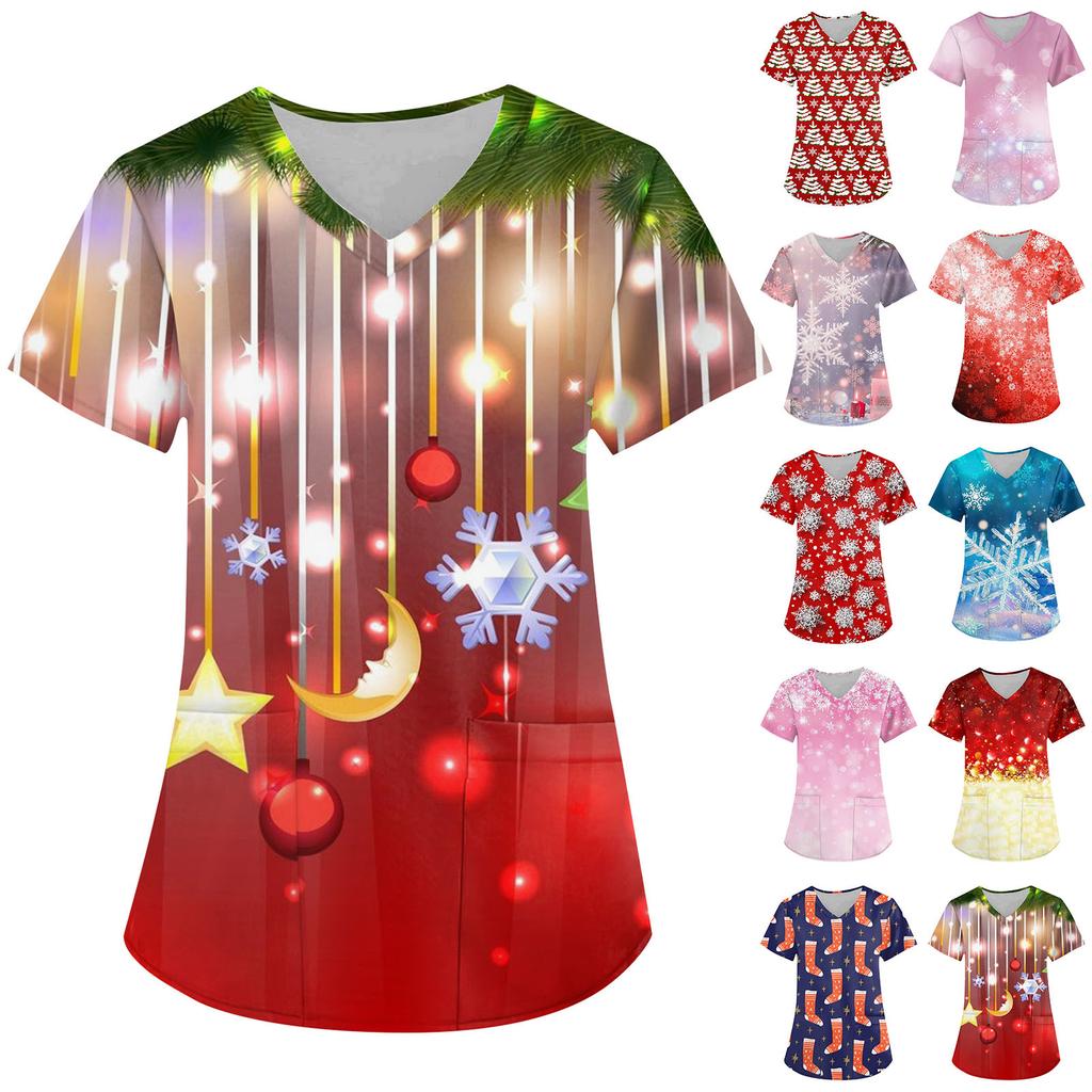 Women's Fashion V-neck Short Sleeve Workwear With Pockets Christmas Printed Tops