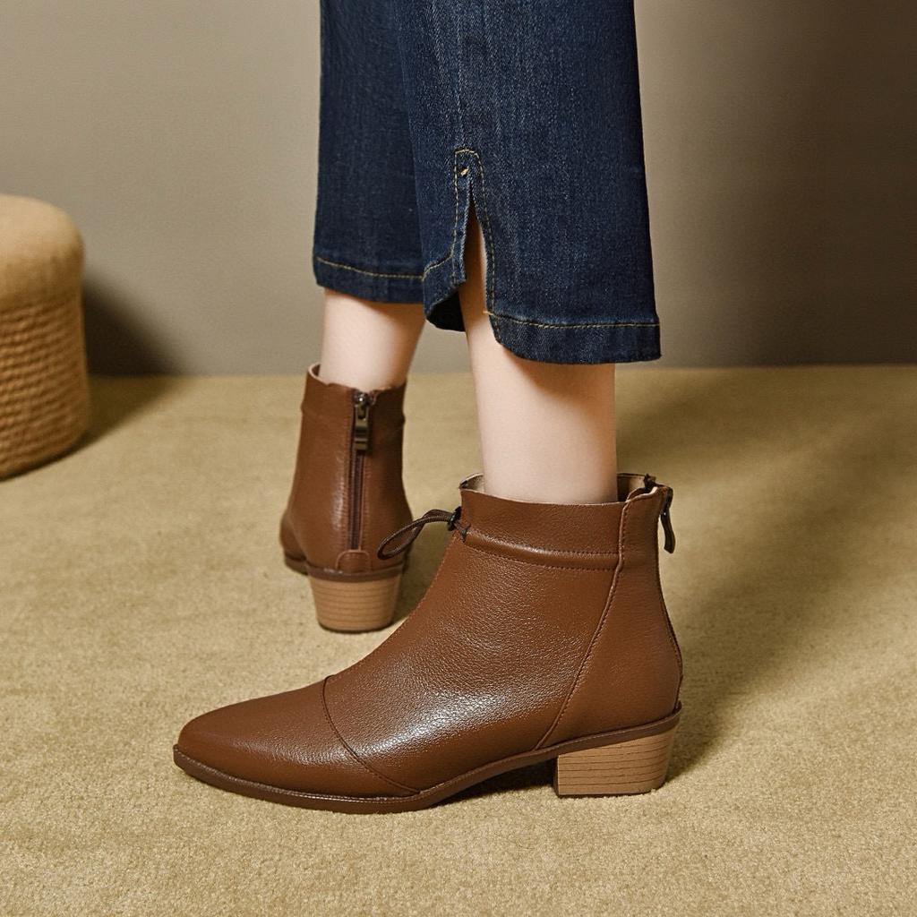 Pointed Short Boots Women's Ruffle Edge Mid-heel Leather Boots Thin Women's Cotton Boots Fashion Boots Ankle Boots Large Size Women's Shoes