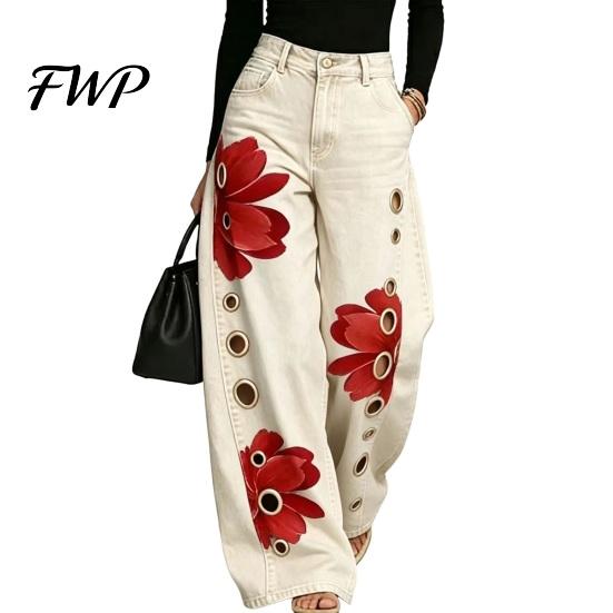 High Rise Trousers Women Waisted Wide Leg Jeans, Vintage Floral Print Faux Denim Jeans Trousers, Loose Fit Casual Pants with Pockets & Metal