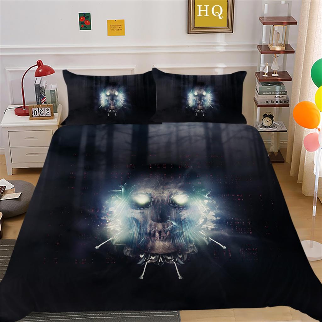 3D Horror Patterned Printed Bedding Set with Skull Head Pattern Down Duvet and Pillowcase 2/3 Pieces Halloween Festive Atmosphere Home Decoration