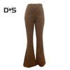 Women Pants Elastic High Waist Solid Color Flared Pants with Pockets Corduroy Leisure Work Travel Party Trousers