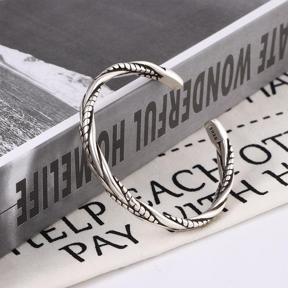 Geometric Vintage Woven Silver Color Men Simple Bangles Opening Bracelets Fashion Jewelry Twisted