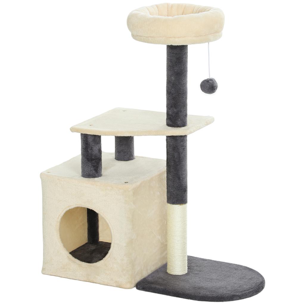 Cat Scratching Tree 92 cm Tall with House, Bed, Sisal Posts and Ball, Cream White