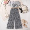 Girls' Leisure Set 2025 Summer Children's Fashion Leopard Print Love Short Sleeve Top Wide Leg Pants Two Sets