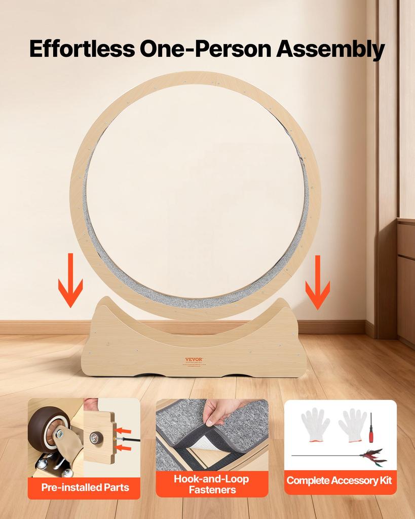 VEVOR Cat Exercise Wheel, 120cm Wooden Cat Running Wheel for Indoor Cats up to 12.7kg Cats Treadmill with Carpeted Runway & Locking Mechanism