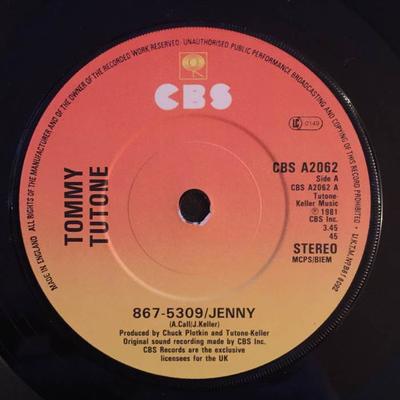 7-дюймовая пластинка TOMMY TUTONE - 867-5309/Jenny CBSA2062 CBS 1981 UK Рок Б/У